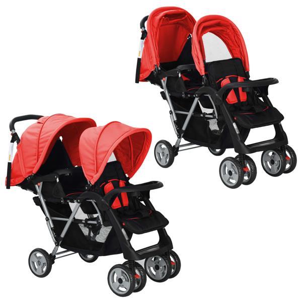 Grote foto vidaxl dubbele kinderwagen staal rood en zwart kinderen en baby kinderwagens