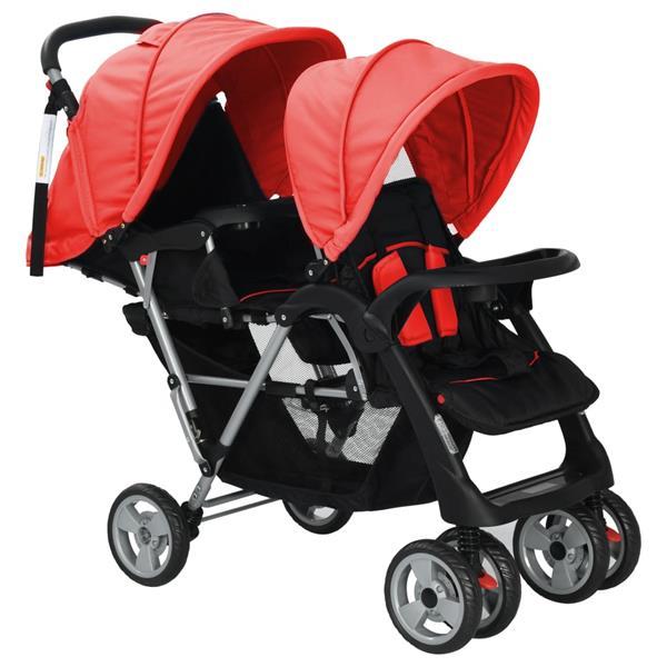 Grote foto vidaxl dubbele kinderwagen staal rood en zwart kinderen en baby kinderwagens