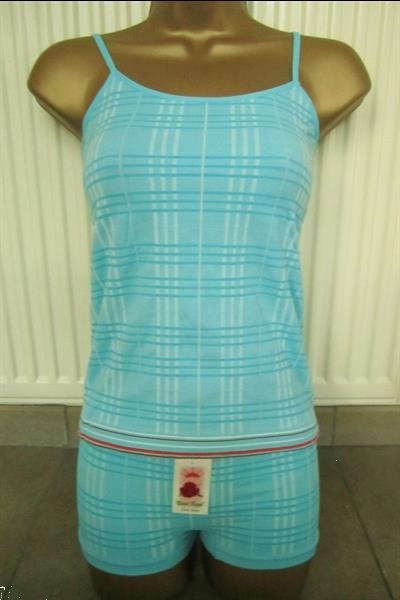 Grote foto turquoise geruit topje met bijpassende shorty kleding dames ondergoed