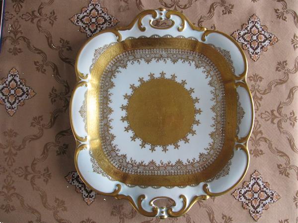 Grote foto porceleinen sierbord met fijn goud ingelegd huis en inrichting schalen en manden