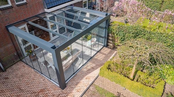 Grote foto cube veranda 400x400 cm glasdak tuin en terras tegels en terrasdelen
