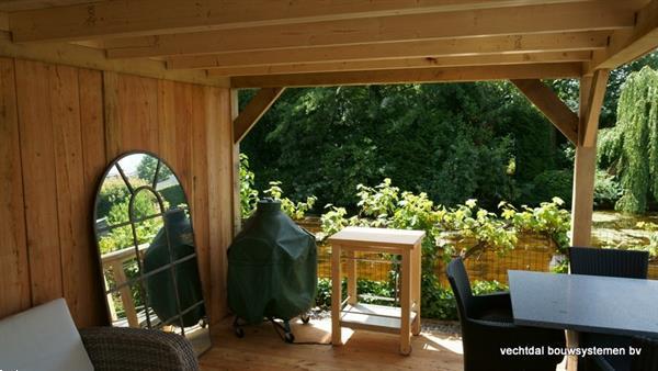 Grote foto houten tuinhuis met overkapping platdak tuin en terras tuinhuisjes en blokhutten
