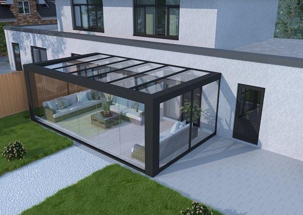 Grote foto cube veranda 700x300 cm glasdak tuin en terras tegels en terrasdelen