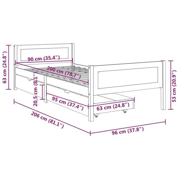 Grote foto vidaxl cadre de lit avec 2 tiroirs gris fonc pin massif 90x huis en inrichting bedden