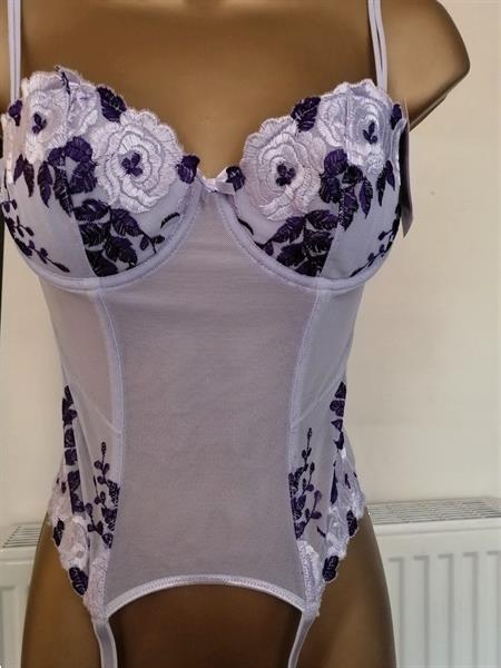 Grote foto doorzichtig lila torselet met string en jarretelle kleding dames ondergoed en lingerie