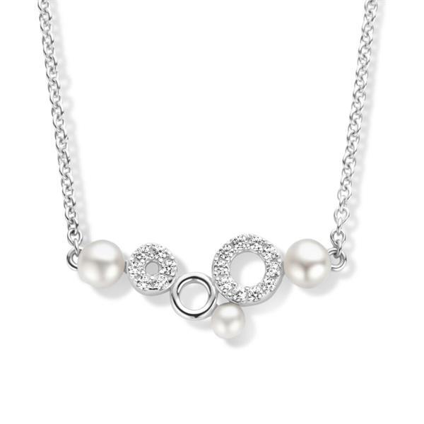 Grote foto zilveren collier met rondjes zirkonia s en parels 42 3 cm kleding dames sieraden