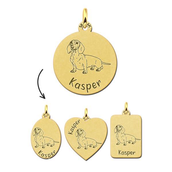Grote foto gouden hanger met hondenras teckel naam graveren kleding dames sieraden
