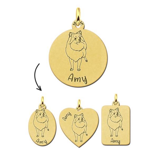 Grote foto gouden hanger met pomeriaan hondje naam graveren kleding dames sieraden