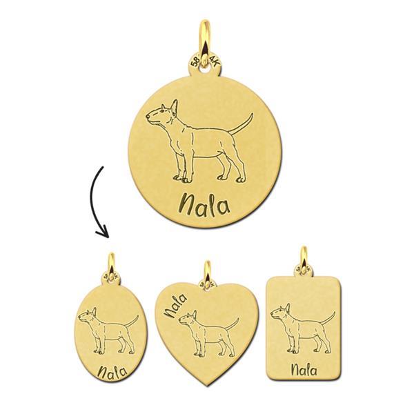 Grote foto gouden hanger met hond bull terrier naam graveren kleding dames sieraden