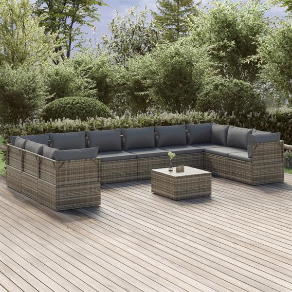 Grote foto vidaxl 11 delige loungeset met kussens poly rattan grijs tuin en terras tuinmeubelen