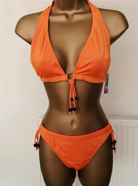 Grote foto trendy oranje bikini met zwarte kraaltjes kleding dames badmode en zwemkleding