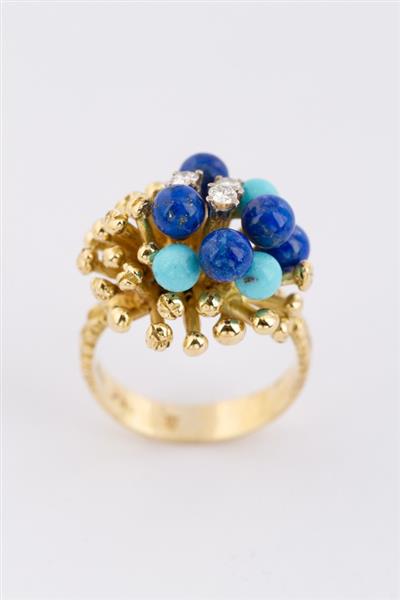 Grote foto gouden ring met lapis lazuli turkoois en briljanten. kleding dames sieraden