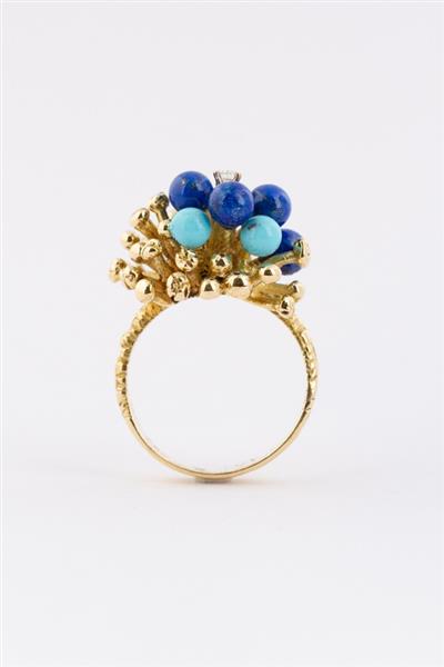 Grote foto gouden ring met lapis lazuli turkoois en briljanten. kleding dames sieraden