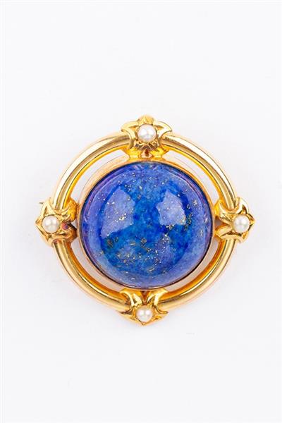 Grote foto gouden broche met een lapis lazuli en parels kleding dames sieraden