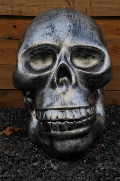 Grote foto zeer grote anatomische schedel uit polystein grijs zwart tuin en terras tuindecoratie
