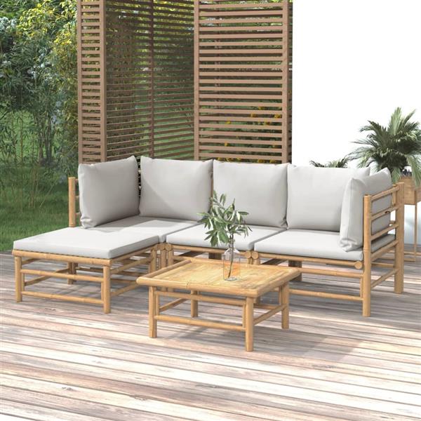 Grote foto vidaxl 5 delige loungeset met kussens bamboe lichtgrijs tuin en terras tuinmeubelen