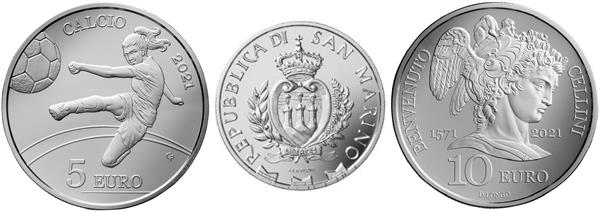 Grote foto san marino 5 euro 2021 voetbal en 10 euro 2021 cellini verzamelen munten overige