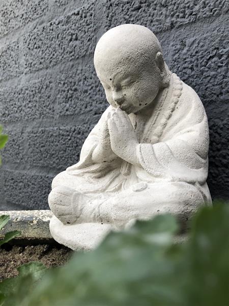 Grote foto shaolin monnik zittend biddend vol steen tuin en terras tuindecoratie