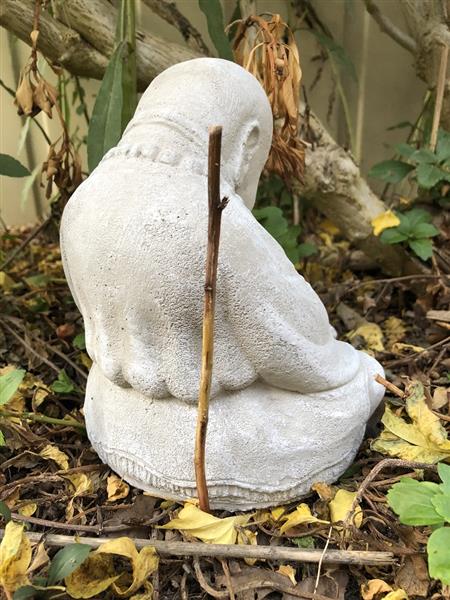 Grote foto shaolin monnik zittend biddend vol steen tuin en terras tuindecoratie