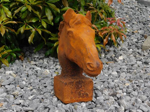 Grote foto paardenhoofd gietijzer in roest optica tuin en terras tuindecoratie