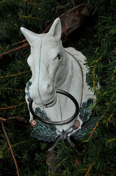 Grote foto paardenhoofd met ring gietijzer wit rust. tuin en terras tuindecoratie