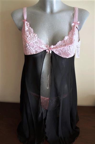 Grote foto zwarte babydoll met roze kant en string medium kleding dames ondergoed en lingerie