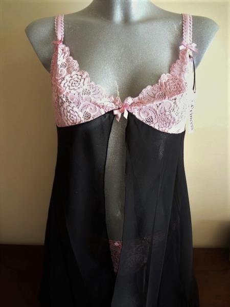 Grote foto zwarte babydoll met roze kant en string medium kleding dames ondergoed en lingerie