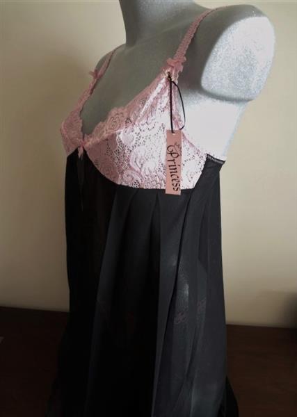 Grote foto zwarte babydoll met roze kant en string medium kleding dames ondergoed en lingerie